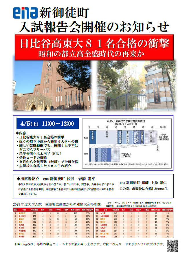 【新御徒町】入試報告会開催決定！