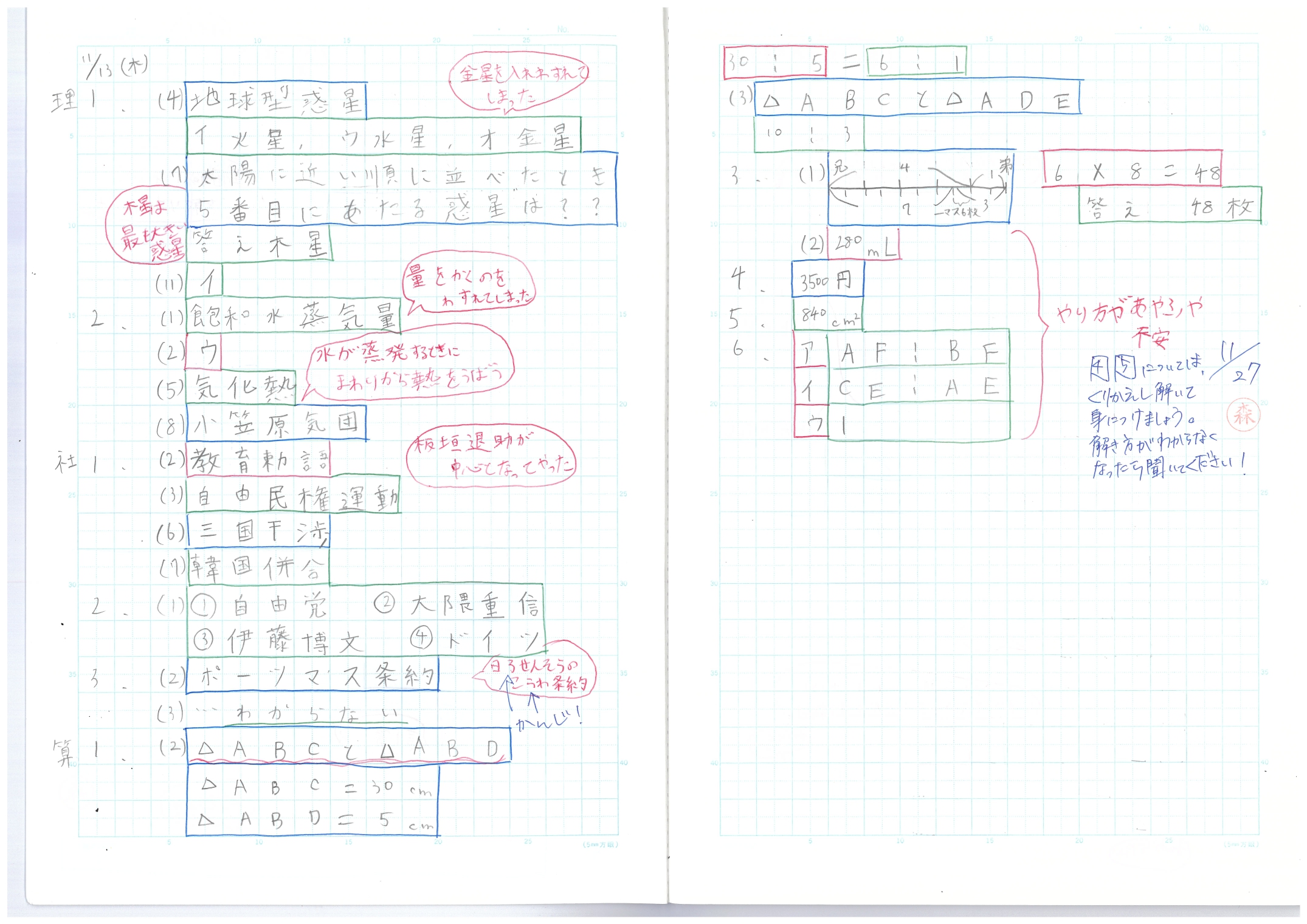本日の四科演習（小５）