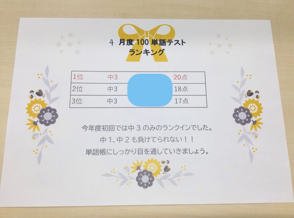 4月度〈100英単語テスト〉を実施！