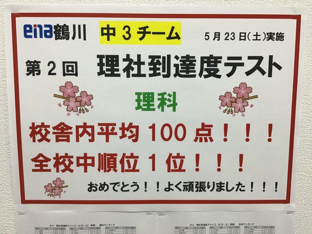 6/1　中3理社到達度テストの結果発表
