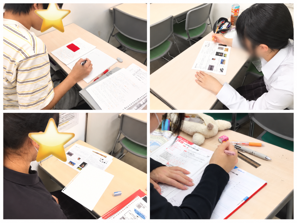 平井の学習塾ena平井で、定期試験に向けて学校ワークや提出課題の学習を進める中学生たち