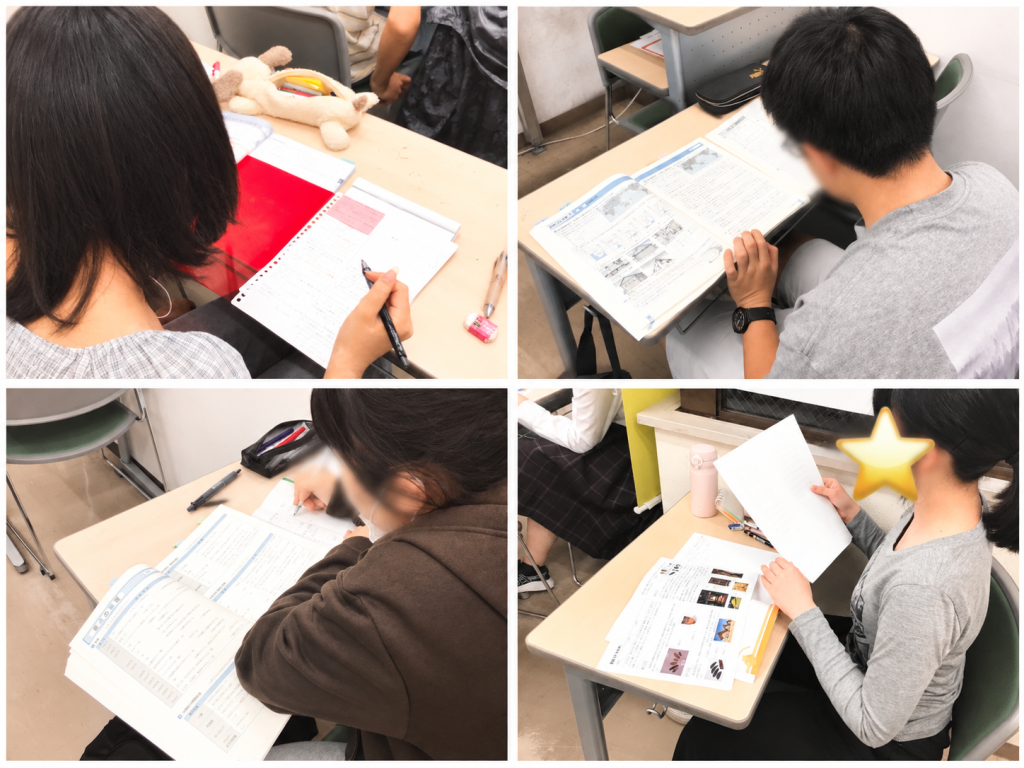 ena平井の定期試験対策で、中学生が学校のワークや課題に集中して取り組んでいる教室の様子