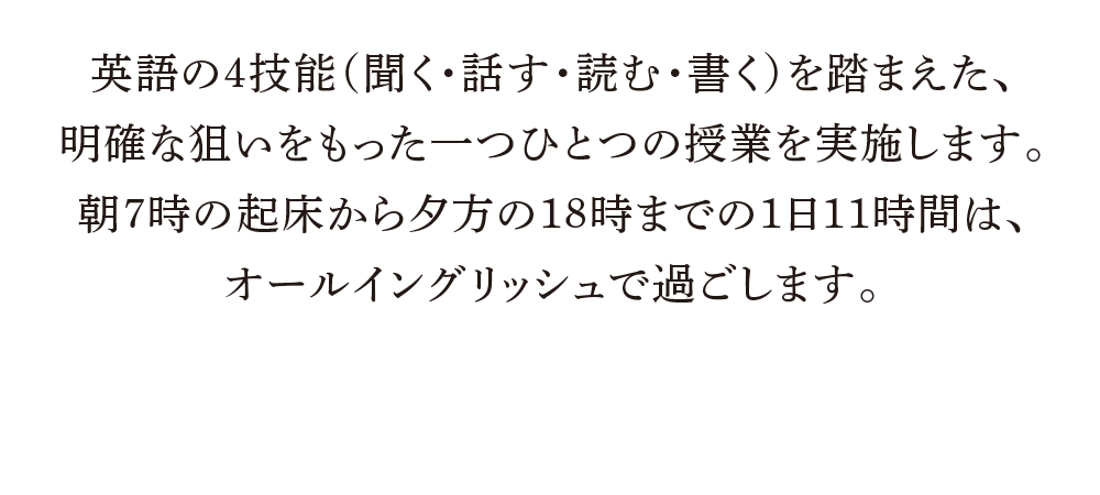 英語の4技能(聞く・話す・読む・書く)を踏まえた、明確な狙いをもった一つひとつの授業を実施します。朝7時の起床から夕方の18時までの1日11時間は、オールイングリッシュで過ごします。