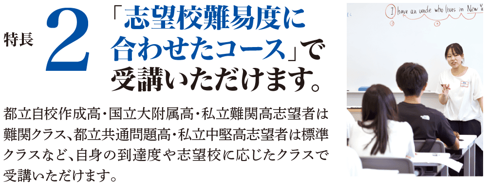 特長2 「志望校難易度に合わせたコース」で受講いただけます。 都立自校作成高・国立大附属高・私立難関高志望者は難関クラス、都立共通問題高・私立中堅高志望者は標準クラスなど、自身の到達度や志望校に応じたクラスで受講いただけます。