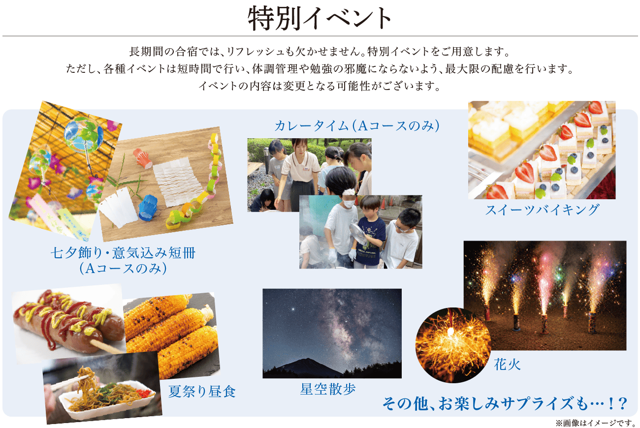 特別イベント 長期間の合宿では、リフレッシュも欠かせません。特別イベントをご用意します。ただし、各種イベントは短時間で行い、体調管理や勉強の邪魔にならないよう、最大限の配慮を行います。イベントの内容は変更となる可能性がございます。 ・七夕飾り・意気込み短冊(Aコースのみ) ・カレータイム(Aコースのみ) ・スイーツバイキング ・夏祭り昼食 ・星空散歩 ・花火 その他、お楽しみサプライズも…!?